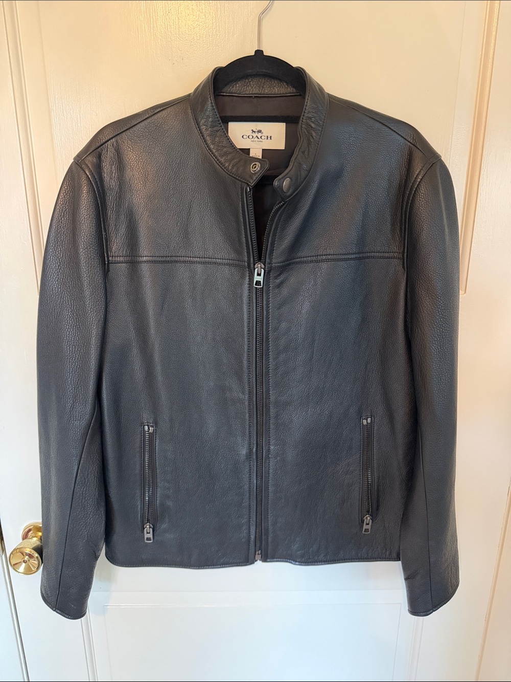 Coach Black Leather Bomber Jacket with Snap Collar. Never worn.